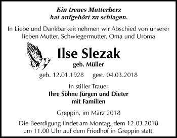 Traueranzeige von Ilse Slezak von Mitteldeutsche Zeitung Bitterfeld