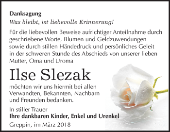 Traueranzeige von Ilse Slezak von Mitteldeutsche Zeitung Bitterfeld