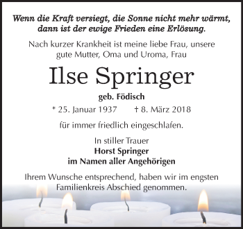 Traueranzeige von Ilse Springer von Mitteldeutsche Zeitung Weißenfels