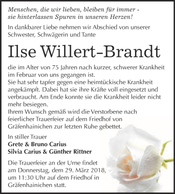 Traueranzeige von Ilse Willert-Brandt von WVG - Wochenspiegel Wittenberg