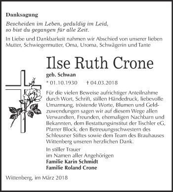 Traueranzeige von Ilse Ruth Crone von WVG - Wochenspiegel Wittenberg