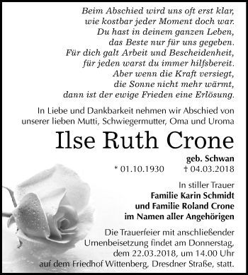 Traueranzeige von Ilse Ruth Crone von Mitteldeutsche Zeitung Bitterfeld
