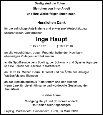 Traueranzeige von Inge Haupt von Mitteldeutsche Zeitung Zeitz