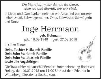 Traueranzeige von Inge Herrmann von Super Sonntag Wittenberg