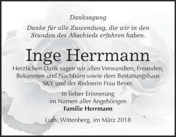 Traueranzeige von Inge Herrmann von Super Sonntag Wittenberg