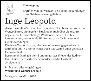 Traueranzeige von Inge Leopold von WVG - Wochenspiegel Dessau / Köthen
