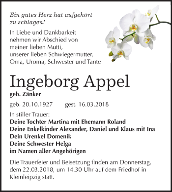 Traueranzeige von Ingeborg Appel von Mitteldeutsche Zeitung Bitterfeld