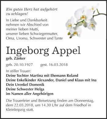 Traueranzeige von Ingeborg Appel von WVG - Wochenspiegel Bitterfeld