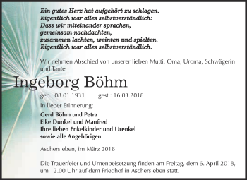 Traueranzeige von Ingeborg Böhm von Super Sonntag Aschersleben