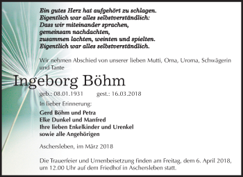 Traueranzeige von Ingeborg Böhm von Mitteldeutsche Zeitung Aschersleben