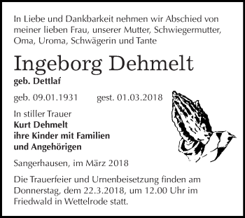 Traueranzeige von Ingeborg Dehmelt von Super Sonntag SGH Mansf. Land
