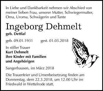 Traueranzeige von Ingeborg Dehmelt von Mitteldeutsche Zeitung