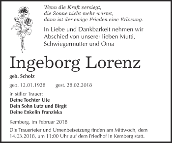 Traueranzeige von Ingeborg Lorenz von WVG - Wochenspiegel Wittenberg