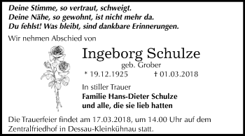 Traueranzeige von Ingeborg Schulze von Mitteldeutsche Zeitung Dessau-Roßlau