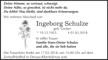 Traueranzeige von Ingeborg Schulze von WVG - Wochenspiegel Dessau / Köthen