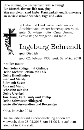 Traueranzeige von Ingeburg Behrendt von Mitteldeutsche Zeitung Bitterfeld