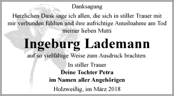 Traueranzeige von Ingeburg Lademann von Mitteldeutsche Zeitung Bitterfeld