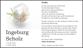 Traueranzeige von Ingeburg Scholz von Mitteldeutsche Zeitung