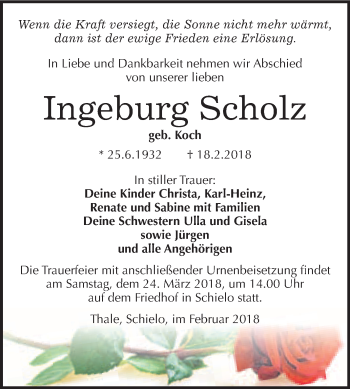 Traueranzeige von Ingeburg Scholz von WVG - Wochenspiegel Quedlinburg