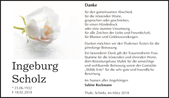 Traueranzeige von Ingeburg Scholz von WVG - Wochenspiegel Quedlinburg