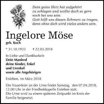 Traueranzeige von Ingelore Möse von Mitteldeutsche Zeitung