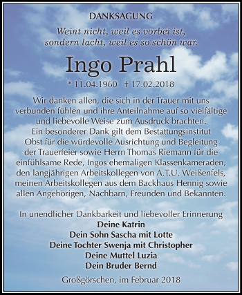 Traueranzeige von Ingo Prahl von Mitteldeutsche Zeitung Weißenfels