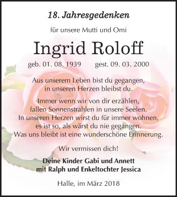 Traueranzeige von Ingrid Roloff von Mitteldeutsche Zeitung Halle/Saalkreis
