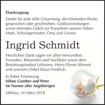 Traueranzeige von Ingrid Schmidt von WVG - Wochenspiegel Wittenberg