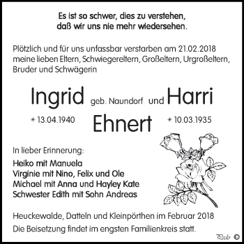 Traueranzeige von Ingrid und Harri Ehnert von Super Sonntag Zeitz