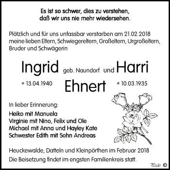 Traueranzeige von Ingrid und Harri Ehnert von Mitteldeutsche Zeitung Zeitz
