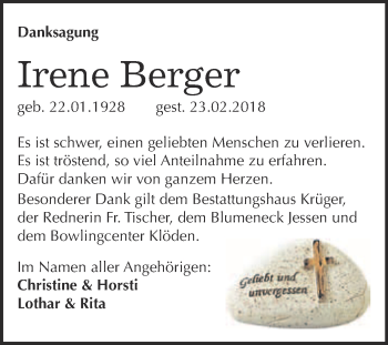 Traueranzeige von Irene Berger von Super Sonntag Wittenberg