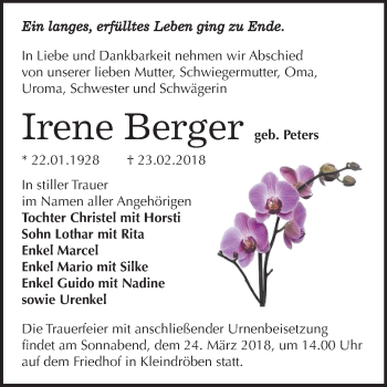 Traueranzeige von Irene Berger von Mitteldeutsche Zeitung