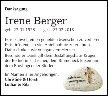 Traueranzeige von Irene Berger von Mitteldeutsche Zeitung