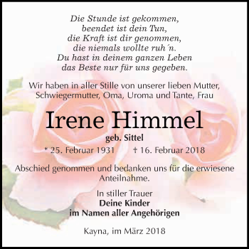 Traueranzeige von Irene Himmel von Super Sonntag Zeitz