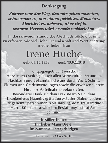 Traueranzeige von Irene Huche von WVG - Wochenspiegel NMB / WSF / ZTZ