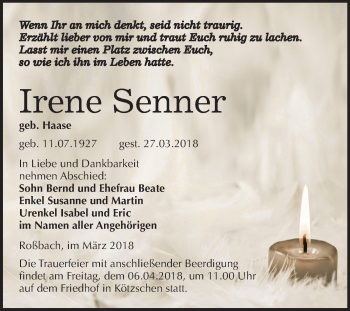 Traueranzeige von Irene Senner von Mitteldeutsche Zeitung Merseburg/Querfurt