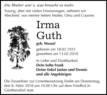 Traueranzeige von Irma Guth von Mitteldeutsche Zeitung Merseburg/Querfurt