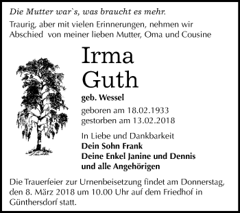 Traueranzeige von Irma Guth von WVG - Wochenspiegel Merseburg