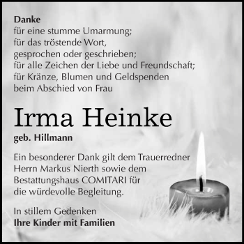 Traueranzeige von Irma Heinke von Super Sonntag Zeitz