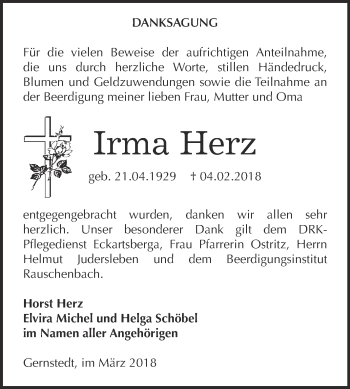 Traueranzeige von Irma Herz von WVG - Wochenspiegel NMB / WSF / ZTZ