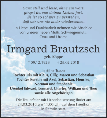 Traueranzeige von Irmgard Brautzsch von WVG - Wochenspiegel Bitterfeld