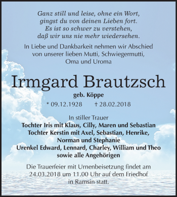 Traueranzeige von Irmgard Brautzsch von Mitteldeutsche Zeitung Bitterfeld