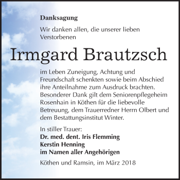 Traueranzeige von Irmgard Brautzsch von Mitteldeutsche Zeitung
