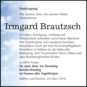 Traueranzeige von Irmgard Brautzsch von WVG - Wochenspiegel Bitterfeld