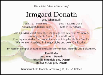 Traueranzeige von Irmgard Donath von WVG - Wochenspiegel Dessau / Köthen