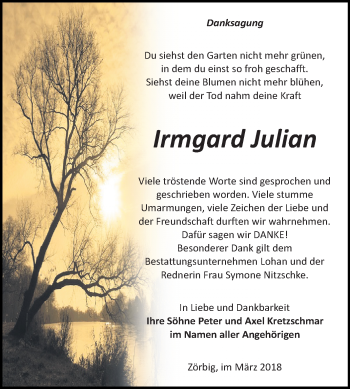 Traueranzeige von Irmgard Julian von Mitteldeutsche Zeitung Bitterfeld
