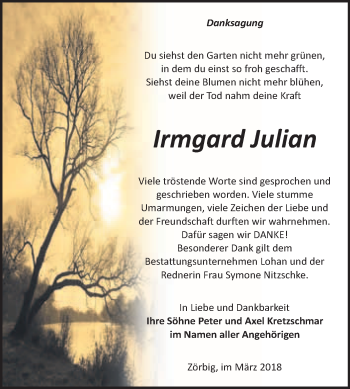 Traueranzeige von Irmgard Julian von WVG - Wochenspiegel Bitterfeld