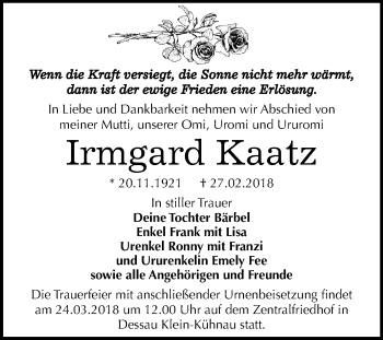 Traueranzeige von Irmgard Kaatz von Mitteldeutsche Zeitung Dessau-Roßlau
