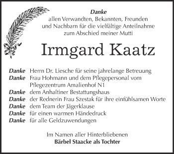 Traueranzeige von Irmgard Kaatz von WVG - Wochenspiegel Dessau / Köthen