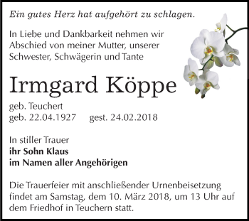 Traueranzeige von Irmgard Köppe von Mitteldeutsche Zeitung Weißenfels